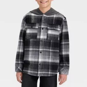 Cat & Jack Boys' Hooded Plaid Grey White Flannel Shirt Snap Jacket Sz M 8 New Wt